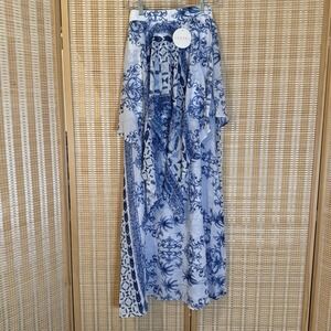 Luxxel Womens S‎ Maxi Skirt White Blue Ruffles Roman Pattern Resort Office Boho